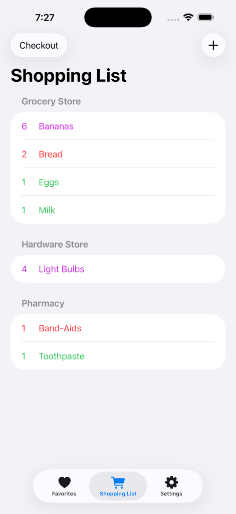 Opinionated Shopping List app screenshot - Shopping List view
