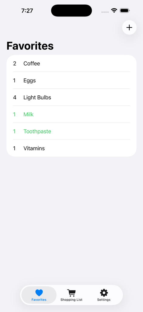 Opinionated Shopping List app screenshot - Favorites view