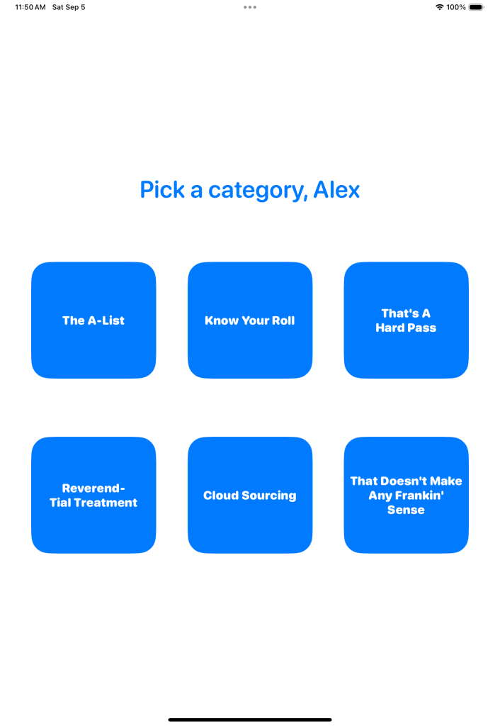 Say It! category picker screen on iPad