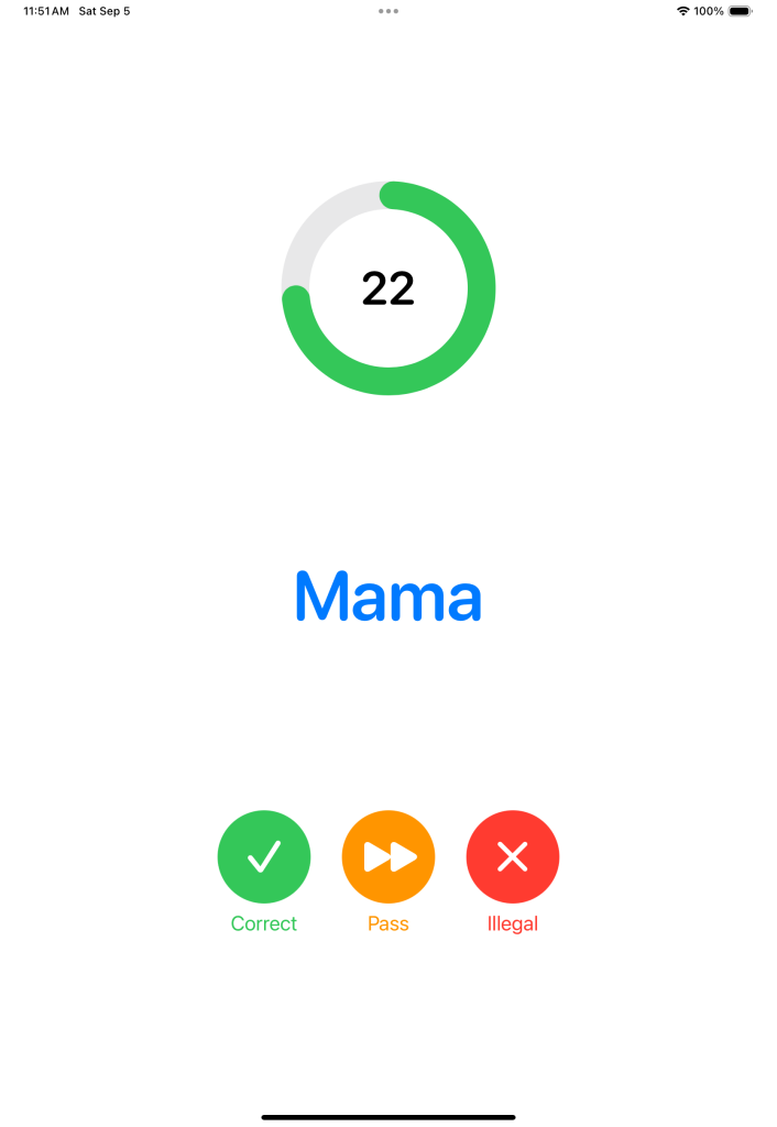 Say It! gameplay screen with clue and timer on iPad